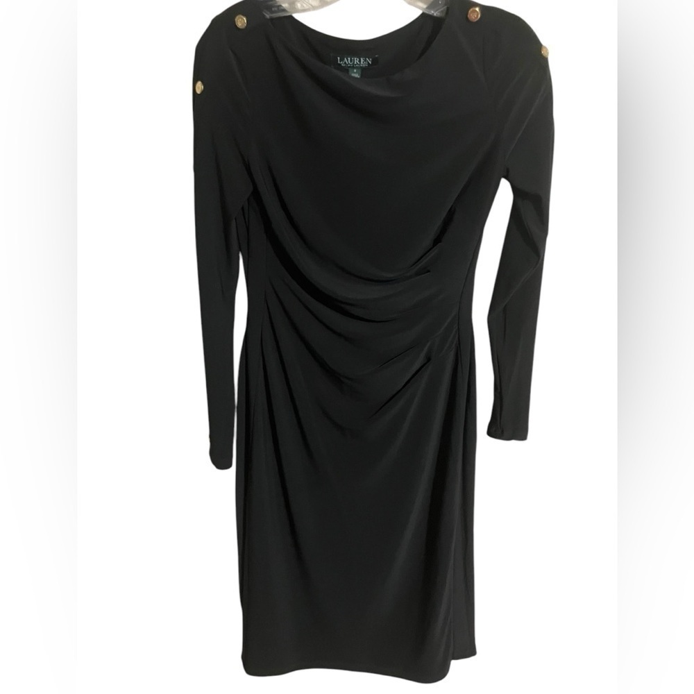 Lauren Ralph Lauren Slimming Blk Ruched Knee Lgth ButtonSleeve Detail Drees Sz 2 - Picture 5 of 10